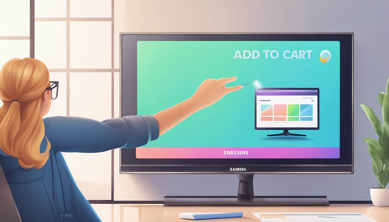 A hand clicks "add to cart" on a Samsung TV website