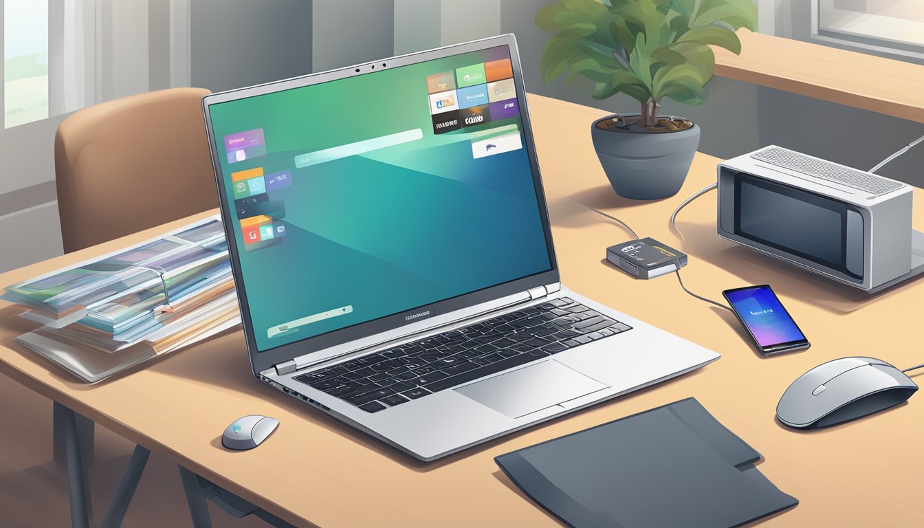 A laptop open on a desk, showing a website with various Samsung TV options. A mouse hovers over a "Best Deals" tab