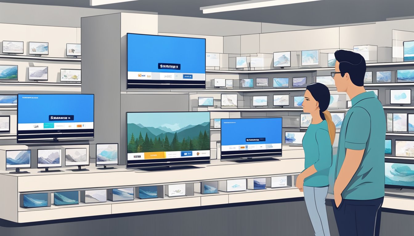 A person comparing Samsung TVs in a store, looking at different sizes and features, with a salesperson assisting them