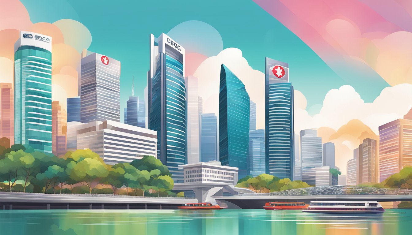 A vibrant Singaporean cityscape with the iconic OCBC building in the background, featuring the sleek and modern design of the Frank Savings Account