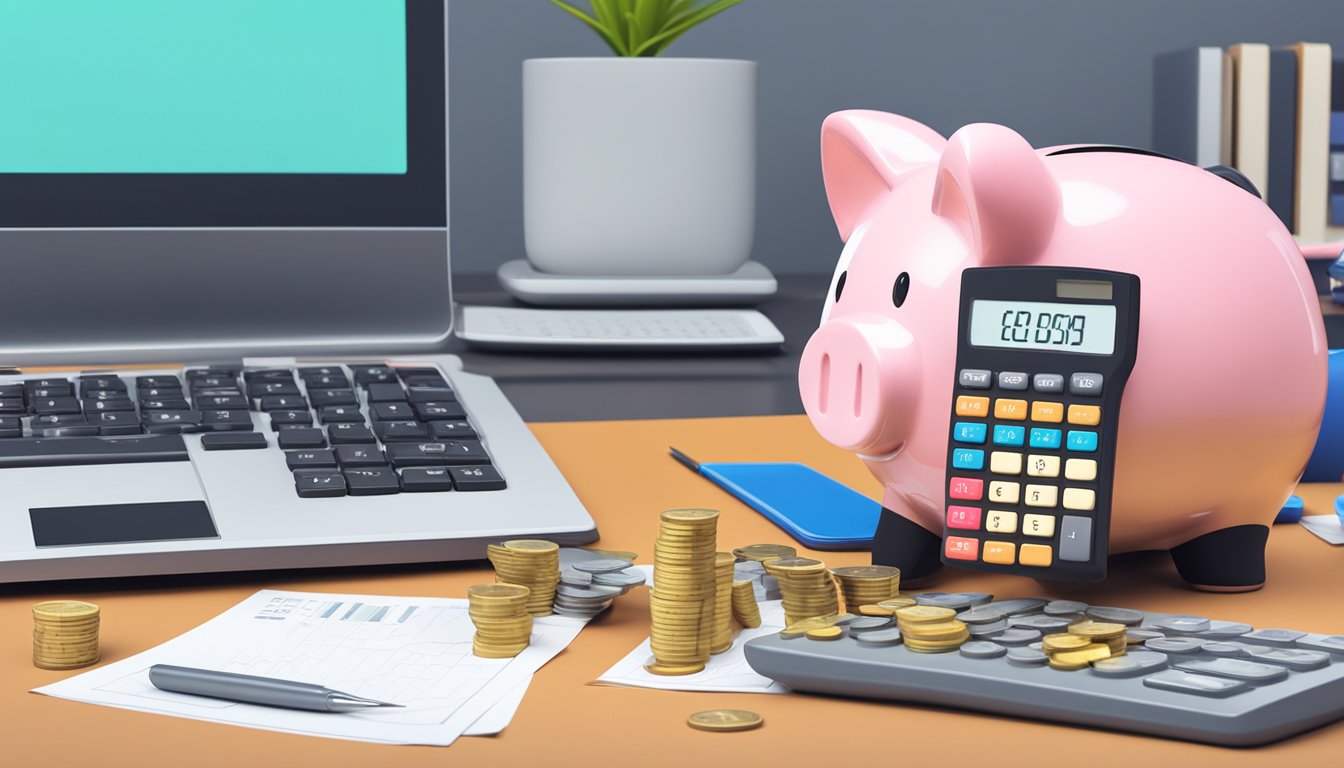 A piggy bank sits on a desk next to a stack of coins and a calculator. A chart showing savings growth is displayed on a computer screen in the background