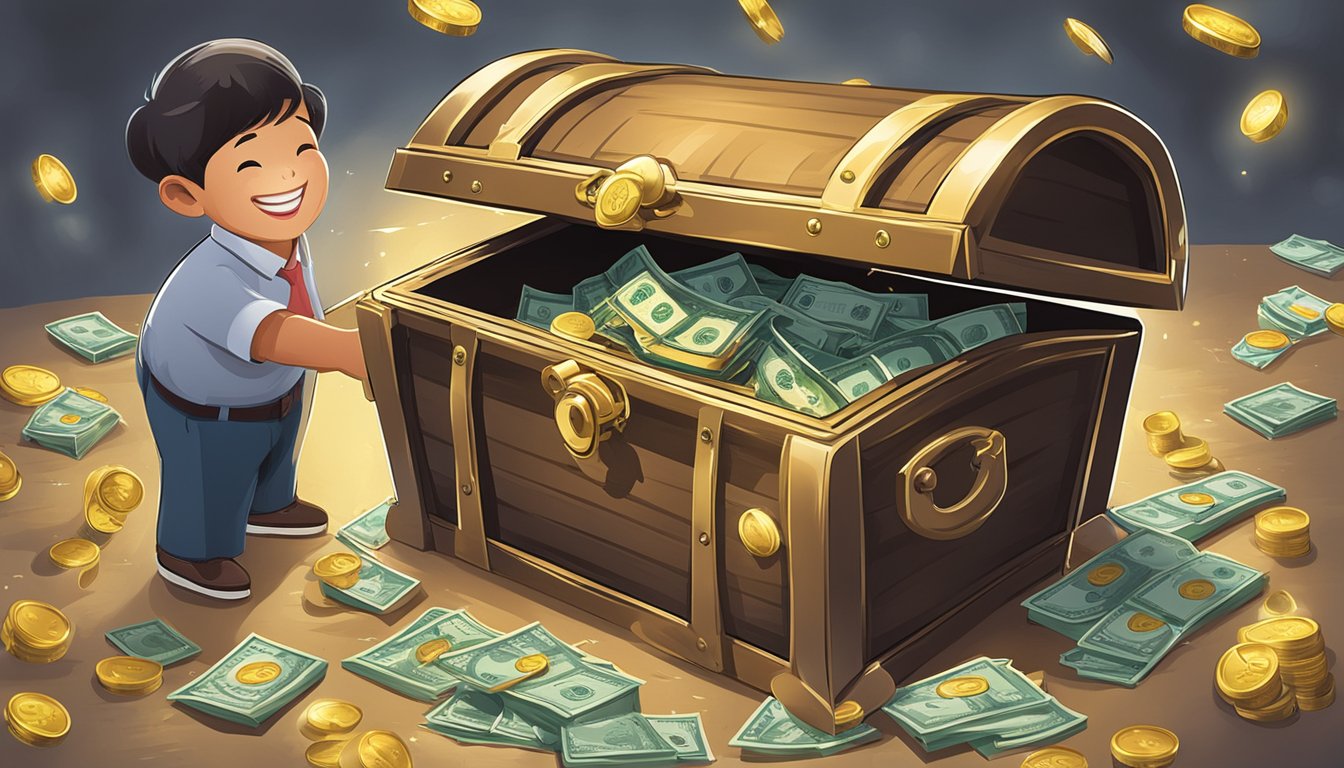 A smiling customer unlocks a treasure chest overflowing with cash, while a golden key dangles from the OCBC Frank Savings Account logo