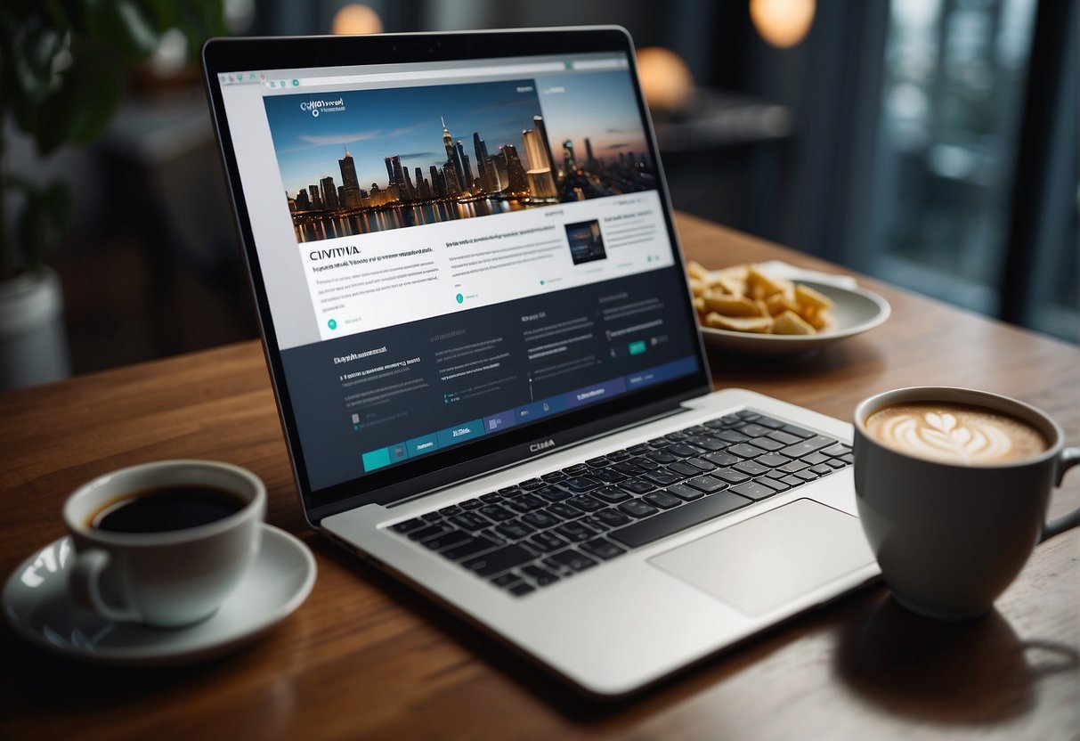A laptop displaying the Civitai platform with a user creating and sharing content. Icons for writing, editing, and sharing are visible on the screen