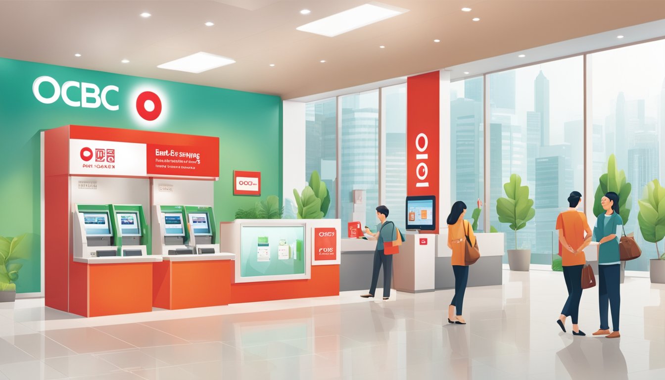 A bright and modern bank branch with a prominent "OCBC Frank Savings Account" sign. Customers are seen using self-service kiosks and interacting with friendly staff