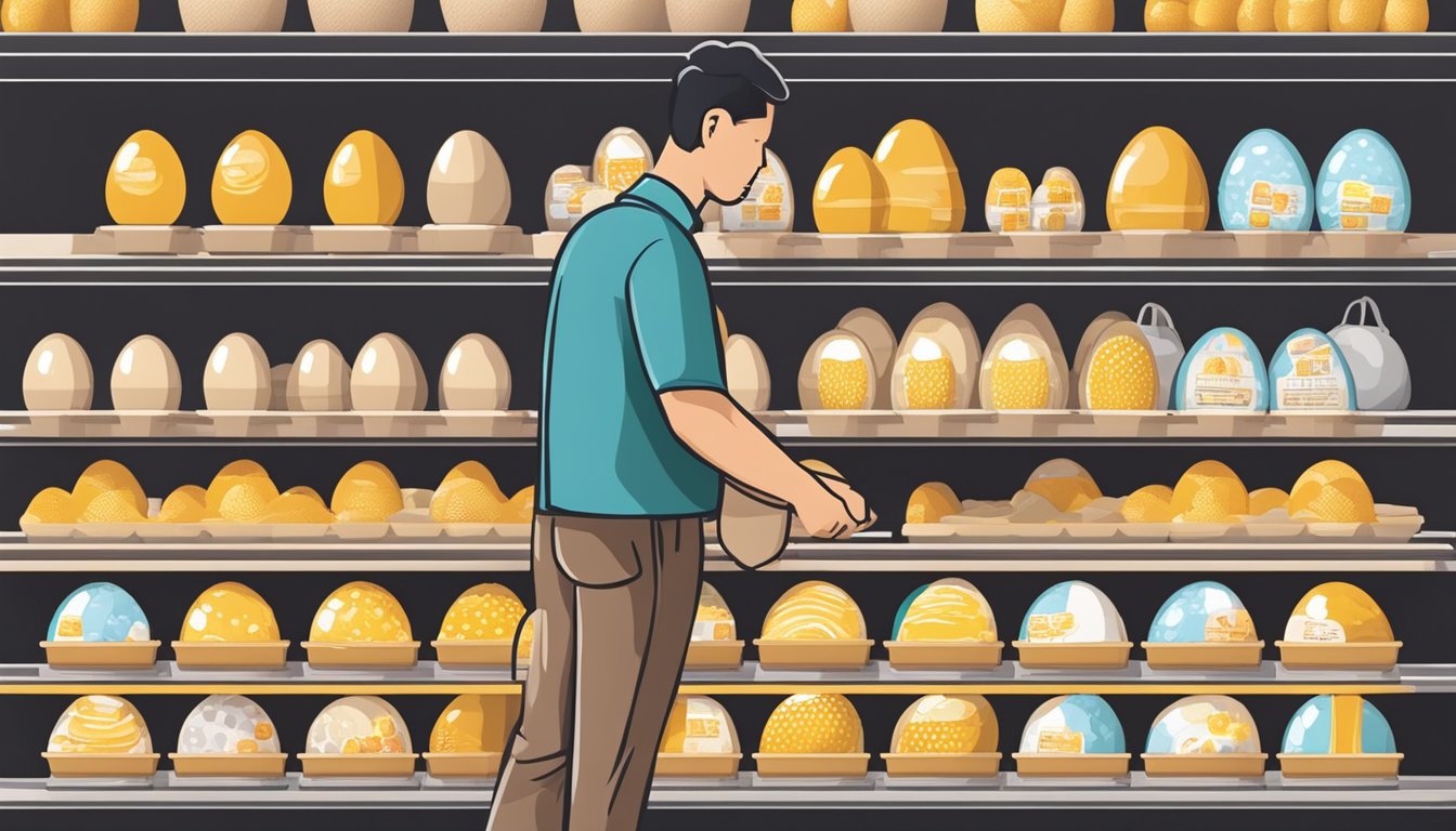 A customer browsing through various egg crate options at a store in Singapore, comparing prices and quality