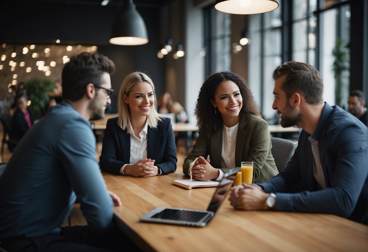 A group of people engage with Civitai, sharing ideas and collaborating. They communicate through technology and in-person discussions, fostering a sense of community