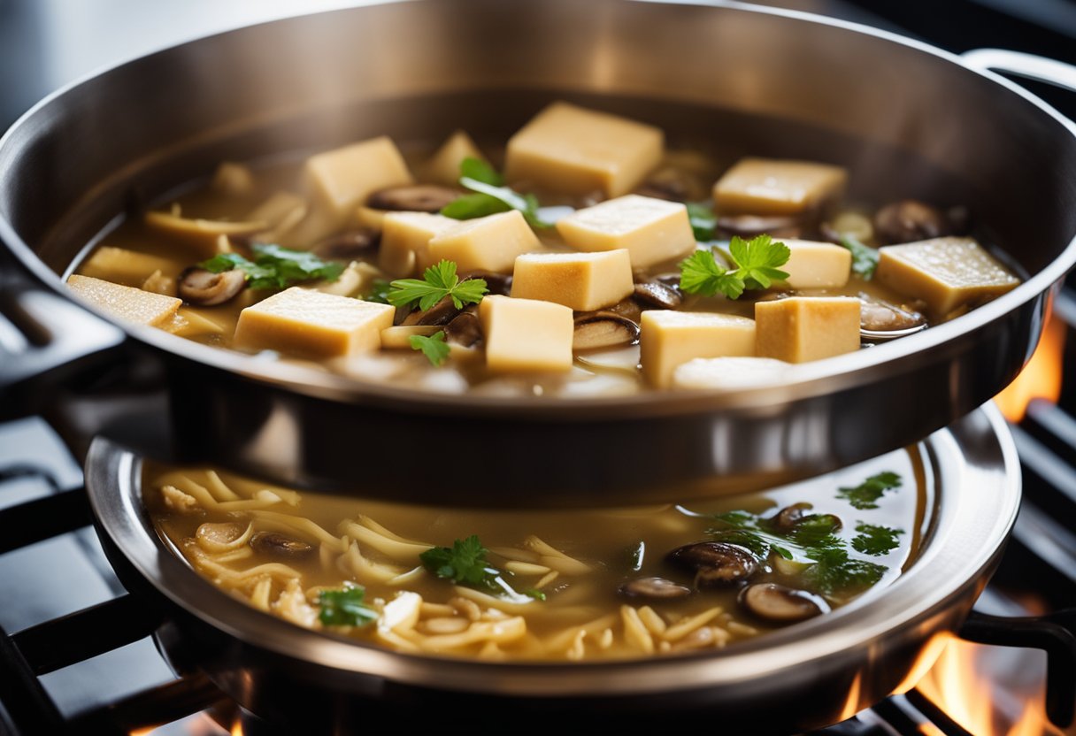 A pot of hot sour soup simmers on a stove, filled with mushrooms, tofu, and bamboo shoots. Steam rises from the bubbling broth, creating a tantalizing aroma