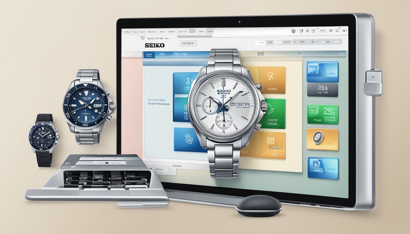 A computer screen displaying the Seiko online store, with a variety of watches and a secure checkout button
