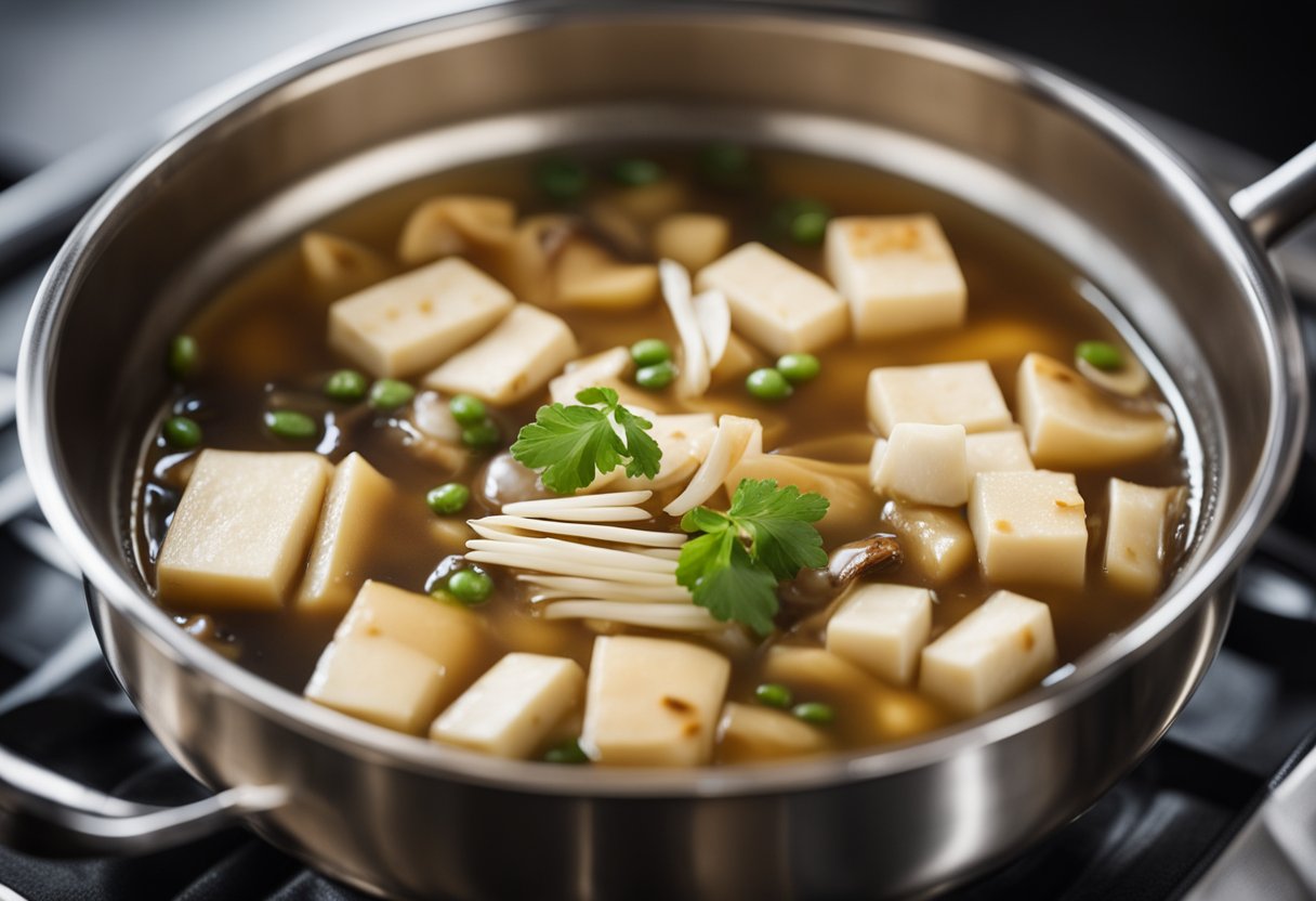A pot simmers with hot sour soup ingredients: tofu, mushrooms, bamboo shoots, and vinegar. A chef adds in a dash of soy sauce and stirs the fragrant broth