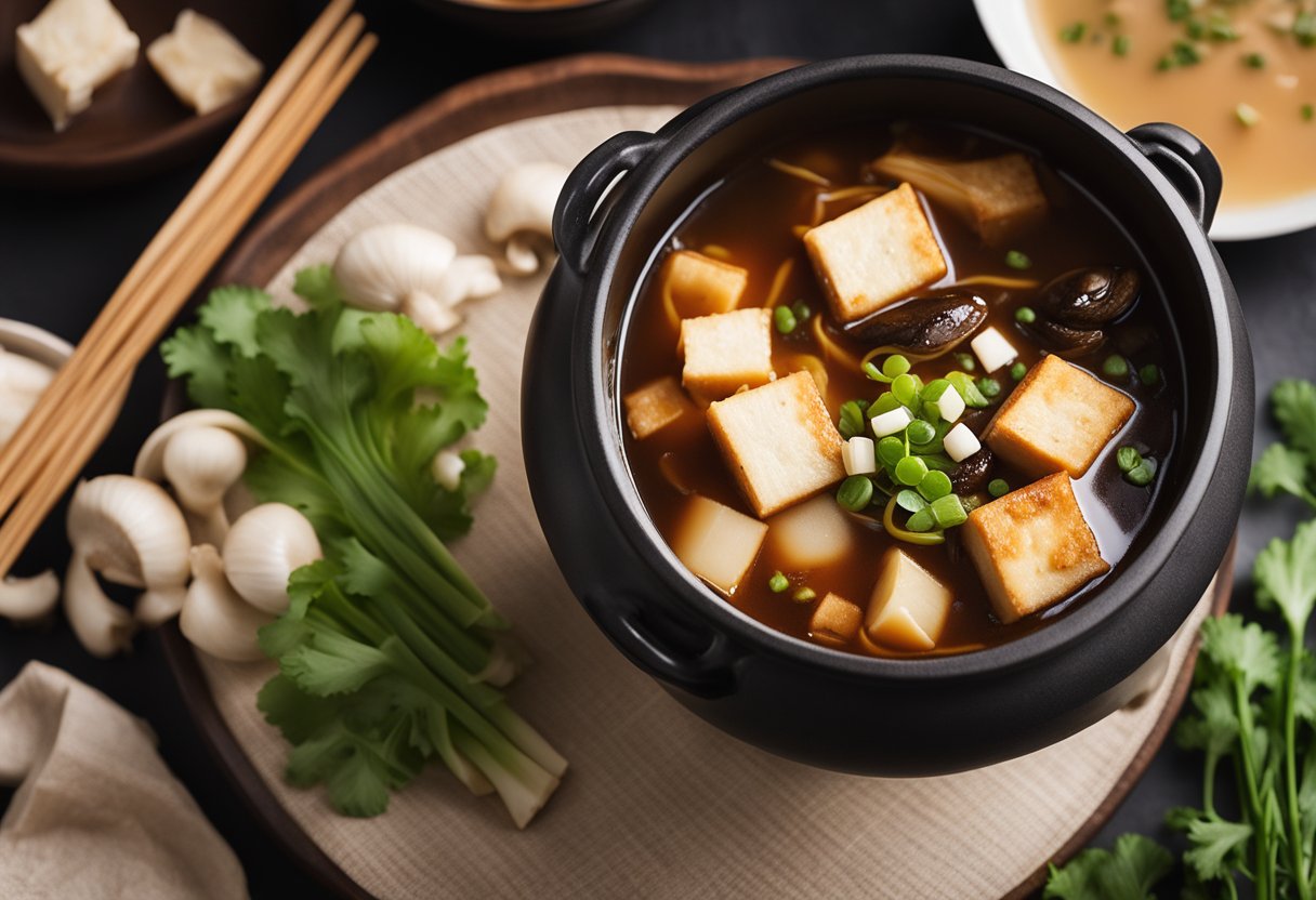 A steaming pot of hot and sour soup with floating tofu, mushrooms, bamboo shoots, and a sprinkle of green onions