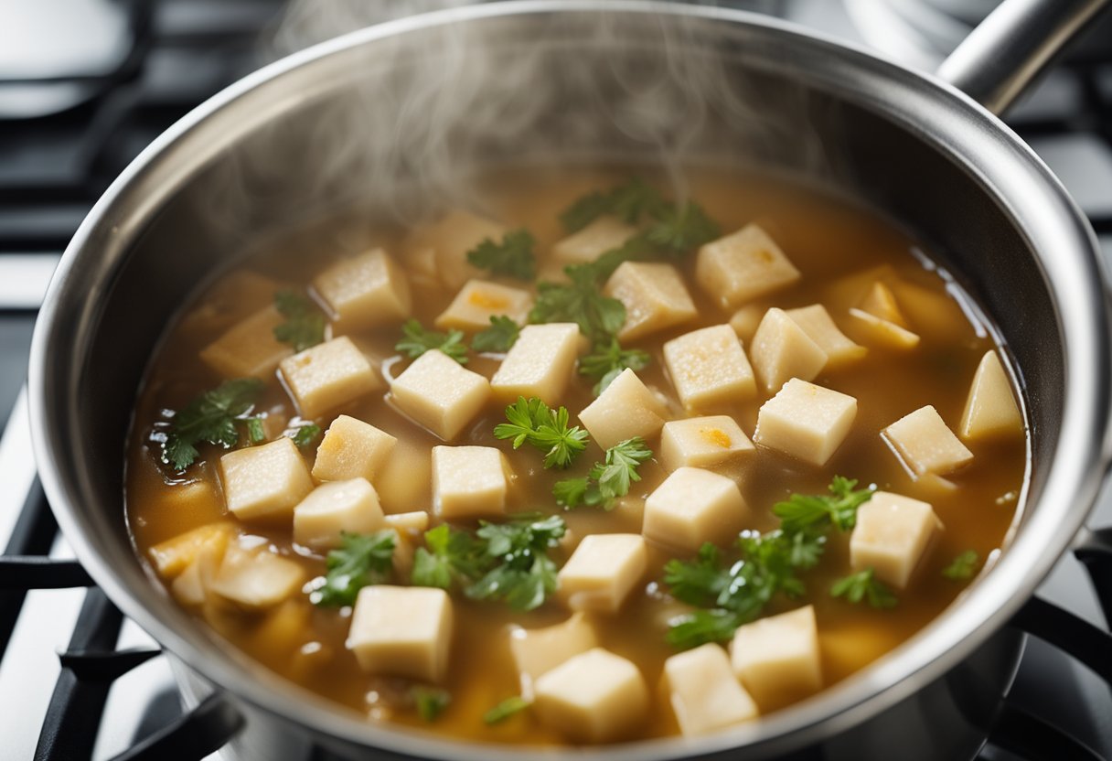 A pot simmers on a stove, filled with hot and sour soup. Steam rises as ingredients are added, creating a fragrant and flavorful aroma