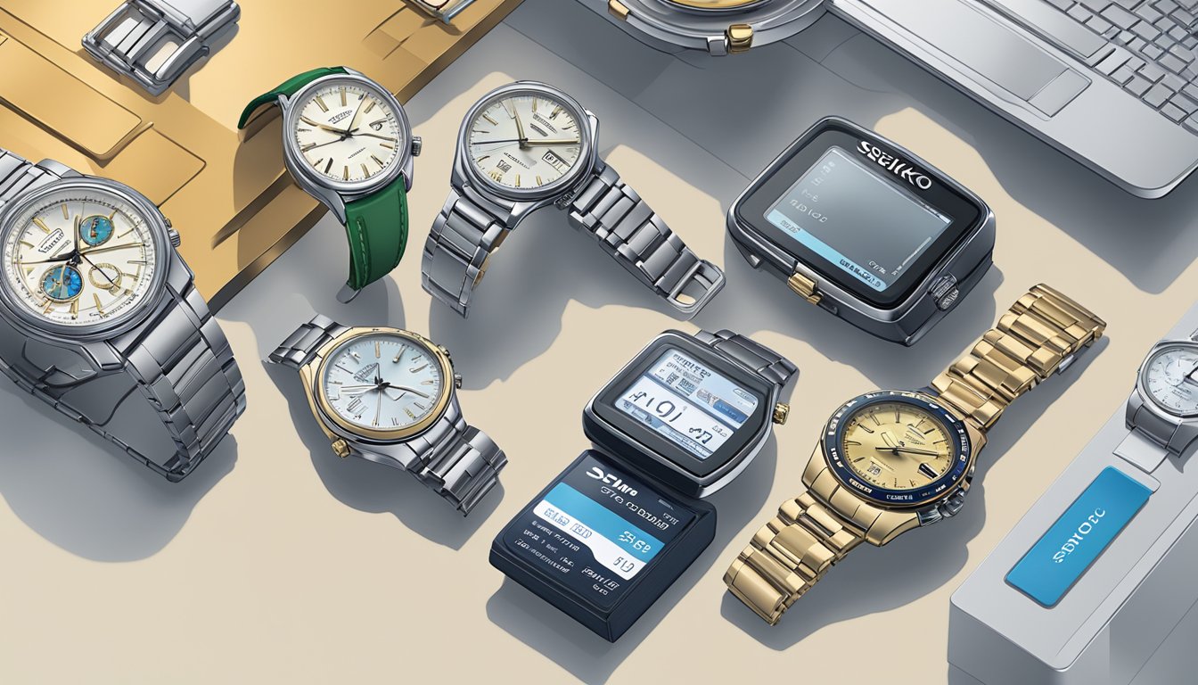 A computer screen displaying a variety of Seiko watches. A cursor hovers over the "Add to Cart" button. A credit card sits nearby