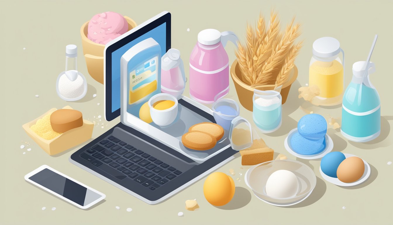 A computer screen showing a website with various baking ingredients like flour, sugar, and eggs in a virtual shopping cart
