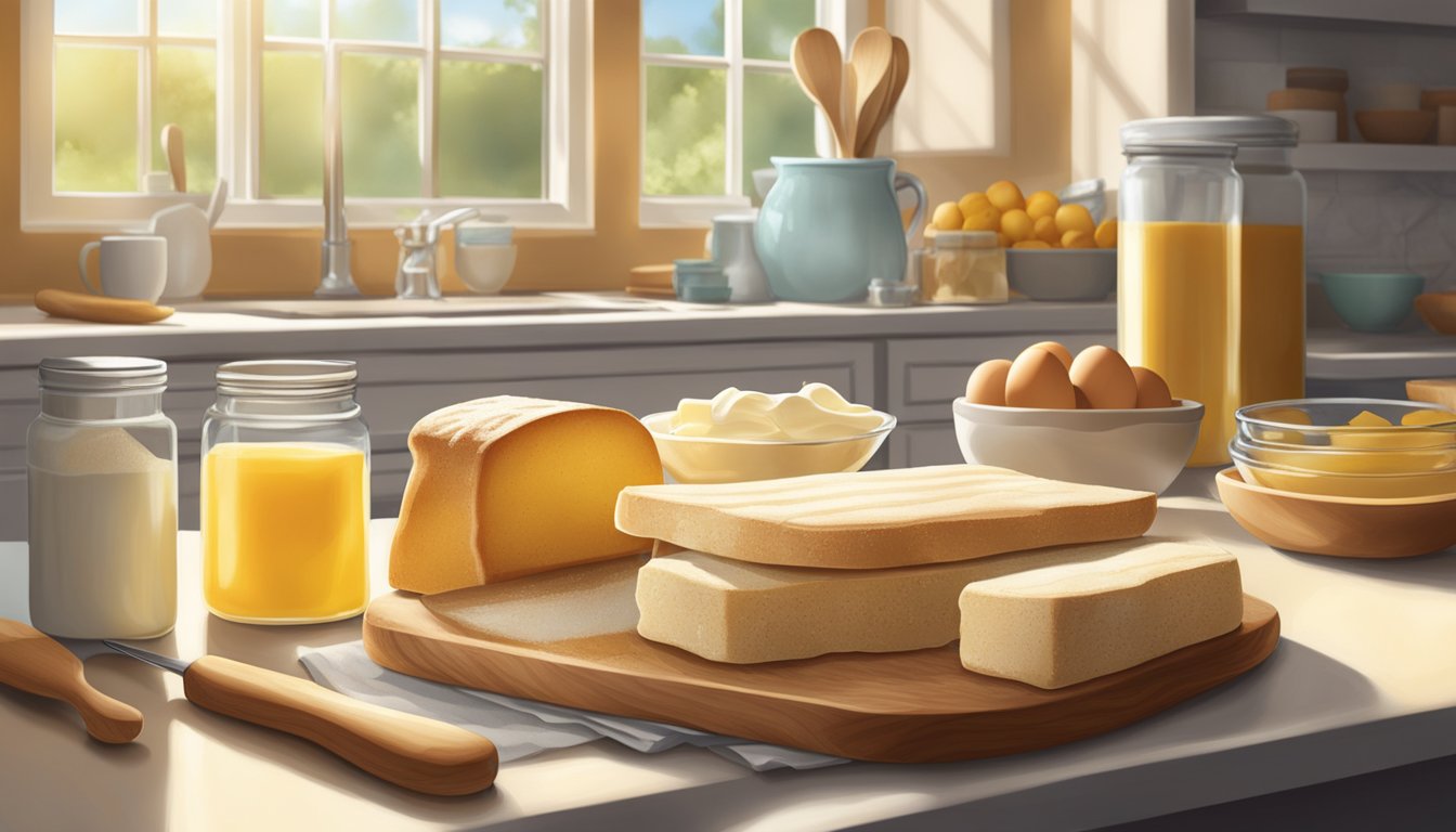 A kitchen counter adorned with fresh, high-quality baking ingredients: flour, sugar, eggs, butter, and vanilla extract. A ray of sunlight highlights the array, evoking the joy of baking