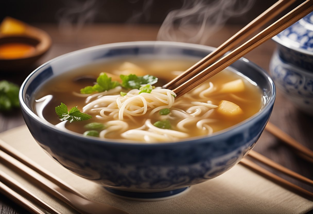 A steaming bowl of hot sour soup sits on a table, surrounded by chopsticks and a spoon. Steam rises from the soup, and the aroma fills the air