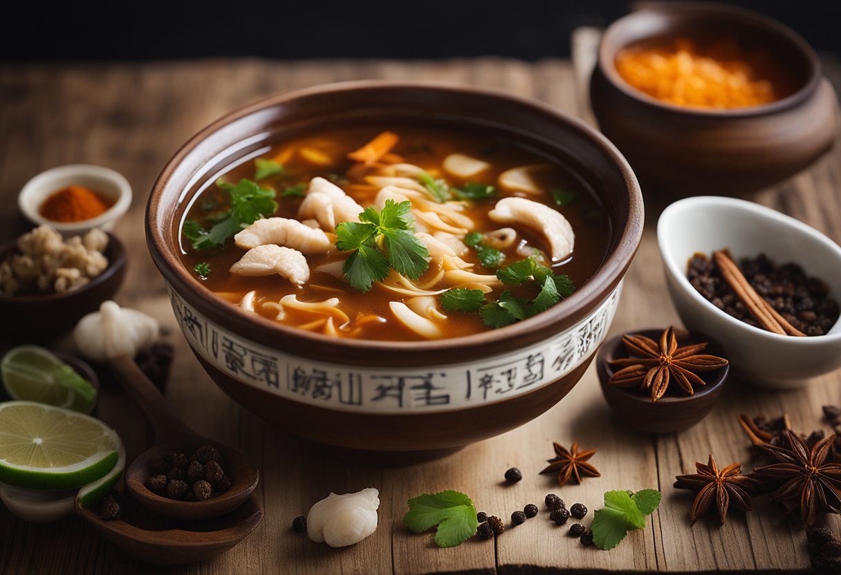 A steaming bowl of hot and sour soup sits on a rustic wooden table, surrounded by traditional Chinese spices and ingredients. A spoon rests on the side, ready to be used