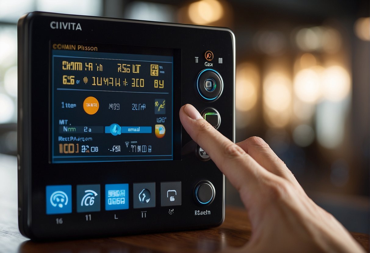 A hand holding a Civitai device, with a finger pressing the power button. The screen displays the Civitai logo, while a user-friendly interface prompts for input