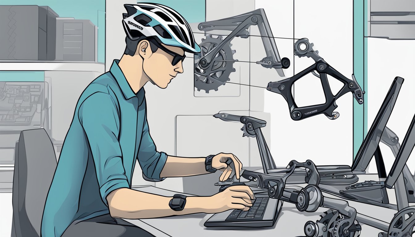 A cyclist carefully selects a Shimano groupset from a variety of options displayed on a computer screen, ready to make a purchase online