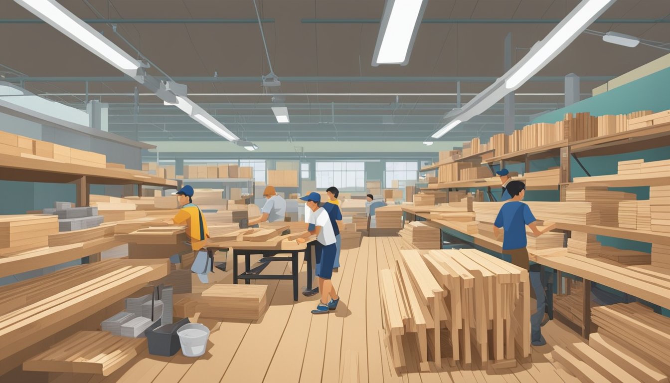 A bustling hardware store in Singapore displays various types of wood for sale. Customers browse through stacks of lumber and plywood, while workers assist with cutting and loading