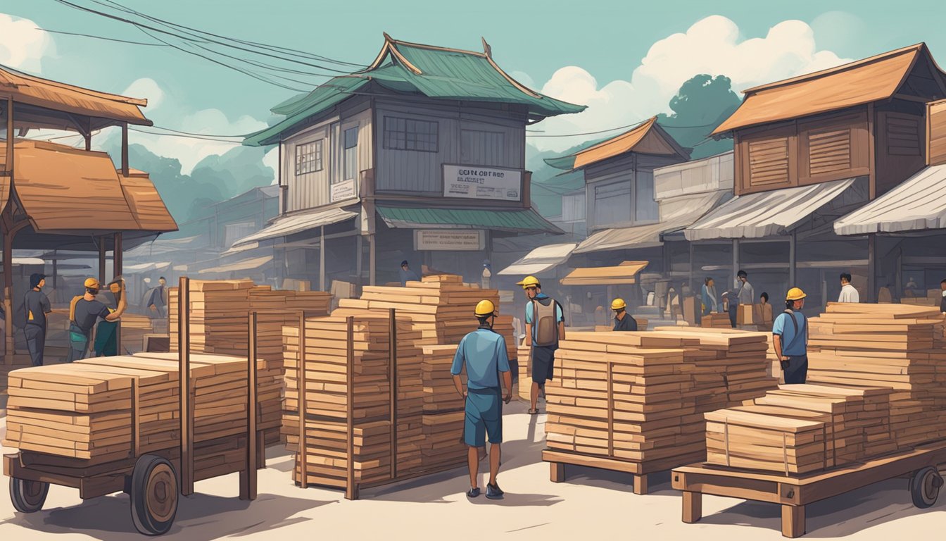 A bustling marketplace with rows of timber stacks and signage for various wood suppliers in Singapore. The scene is filled with customers and workers inspecting and transporting different types of wood