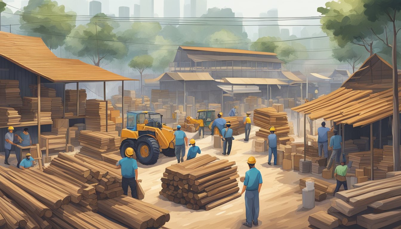 A bustling lumberyard in Singapore, with stacks of raw timber and workers operating machinery. Customers browse the selection of crafting and construction essentials