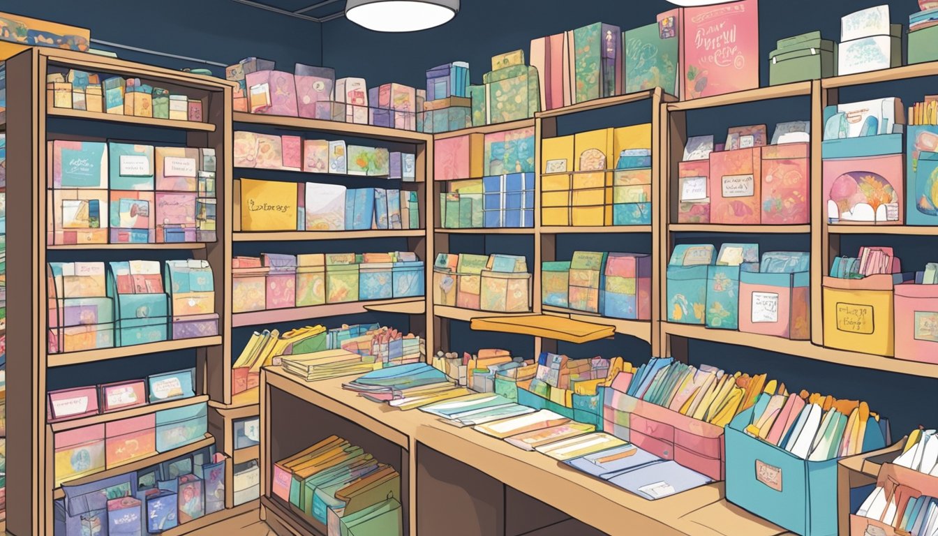 A colorful display of farewell cards at a bustling Singaporean stationery store. Brightly lit shelves showcase a variety of designs and messages, while customers browse the selection