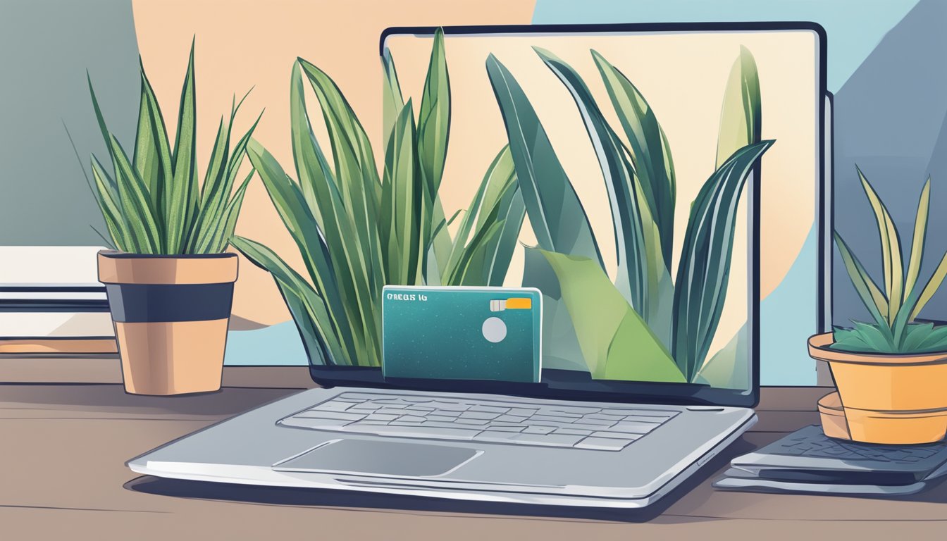 A laptop with a browser open to a website selling snake plants. A credit card and a potted snake plant nearby