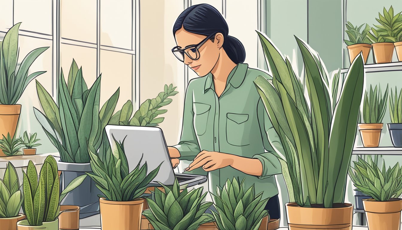A person browsing online, selecting a healthy snake plant from various options, adding it to their cart for purchase