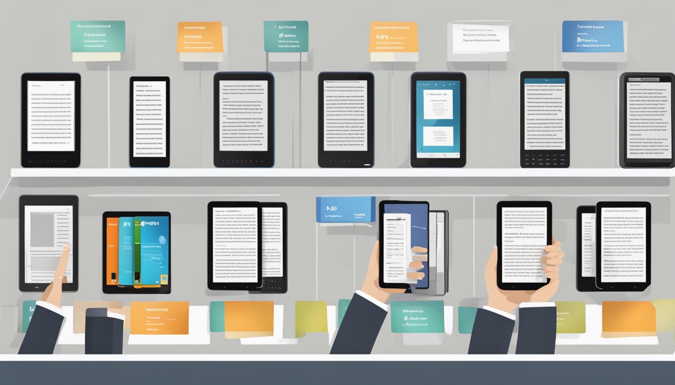 A hand reaches for a display of Kindle models, each with different features and prices. The customer carefully compares the options before making a decision