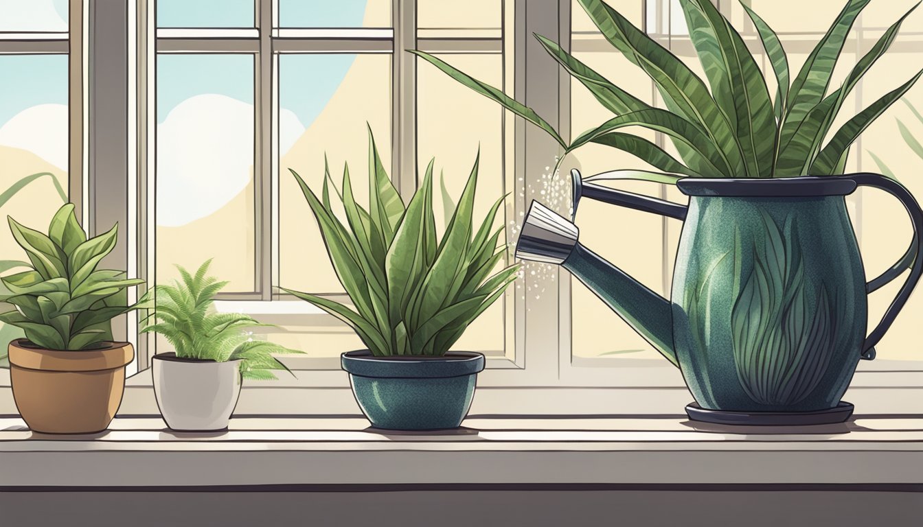 A hand watering a snake plant in a decorative pot on a sunny windowsill