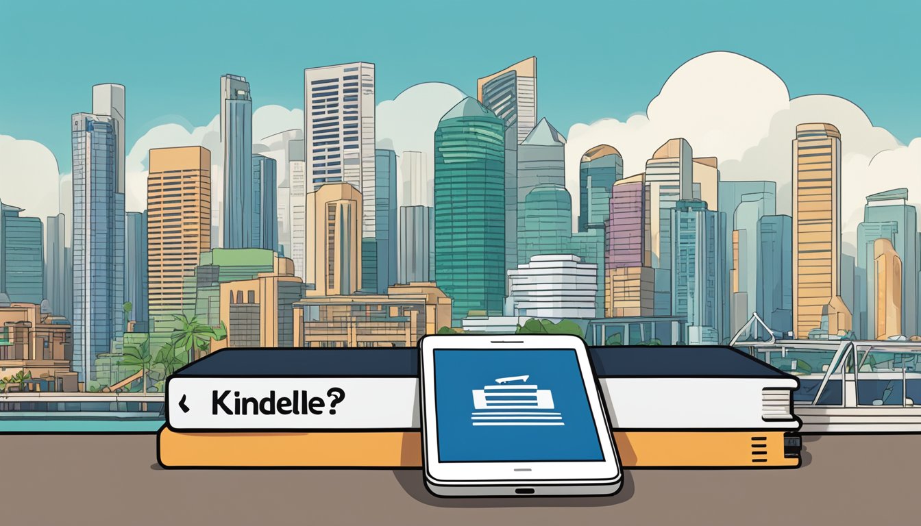 A stack of Kindle devices with a "Frequently Asked Questions" sign next to them, set against a backdrop of a bustling Singapore cityscape
