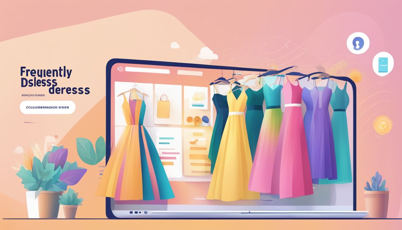 A computer screen displaying a webpage with the title "Frequently Asked Questions: buy bridesmaid dresses online" surrounded by colorful dress images and text