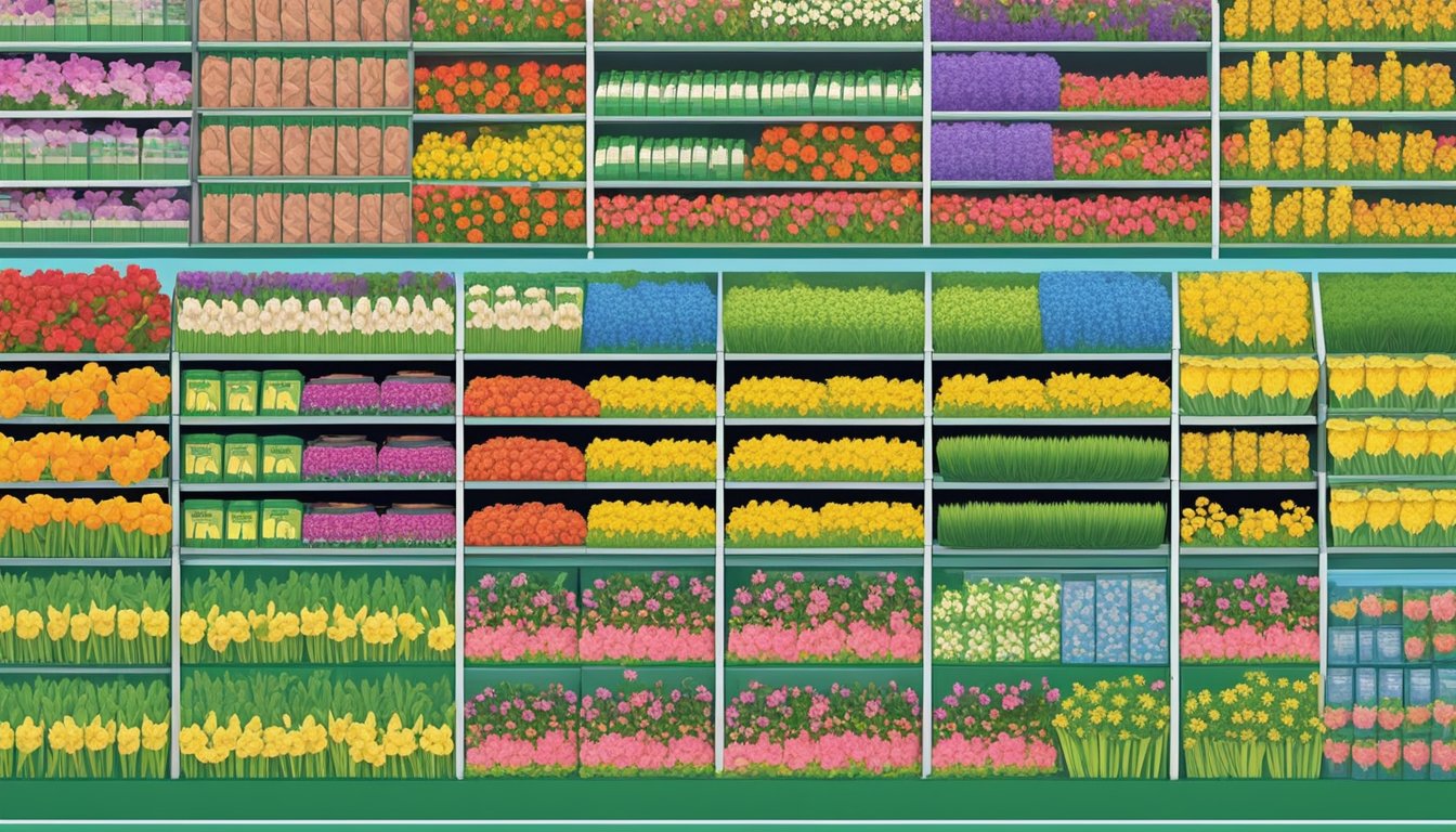 A colorful display of flower seed packets lines the shelves of a garden center in Singapore, with vibrant labels and enticing images of blooming flowers