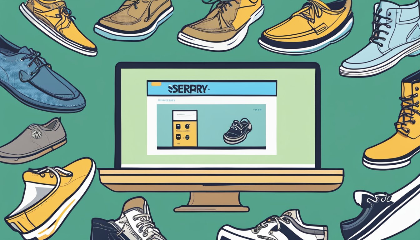 A computer screen displaying a website with the Sperry logo and various shoe options. A cursor hovers over the "buy now" button
