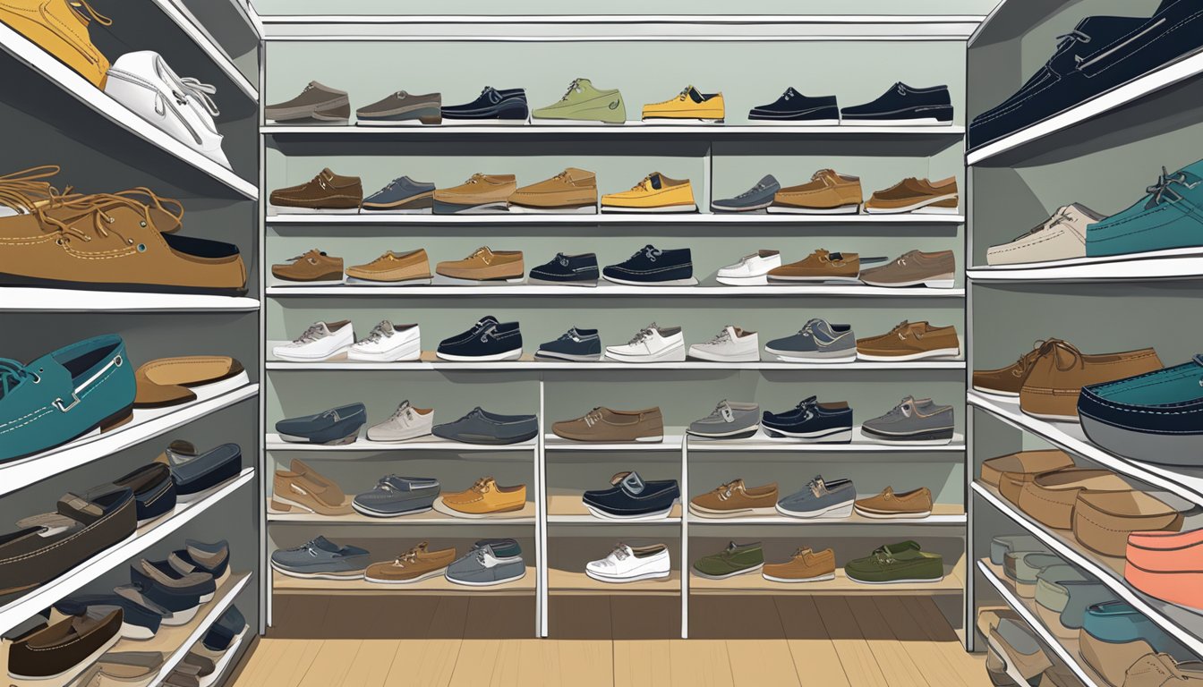 A variety of Sperry shoes displayed on shelves with a computer showing "buy sperrys online" in the background