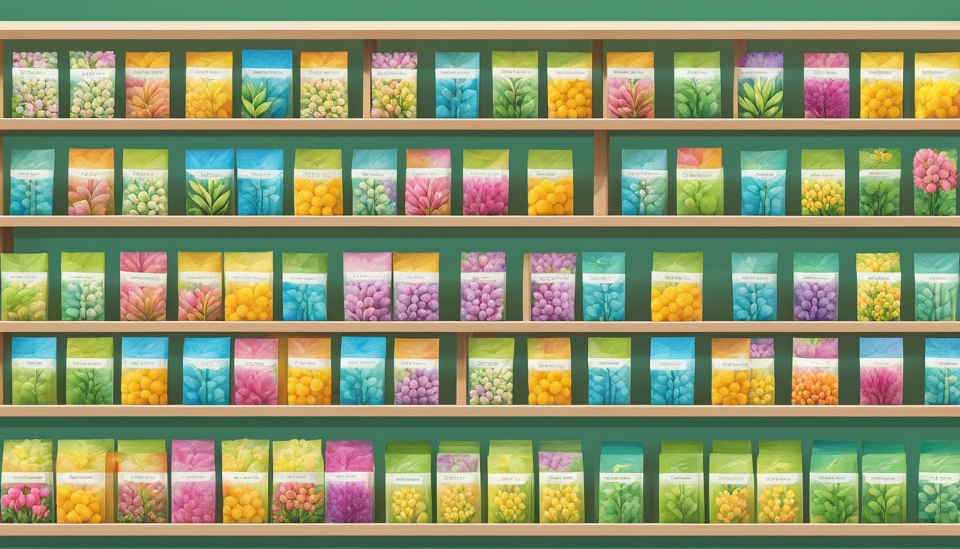 A colorful display of flower seed packets arranged neatly on shelves in a Singaporean garden center
