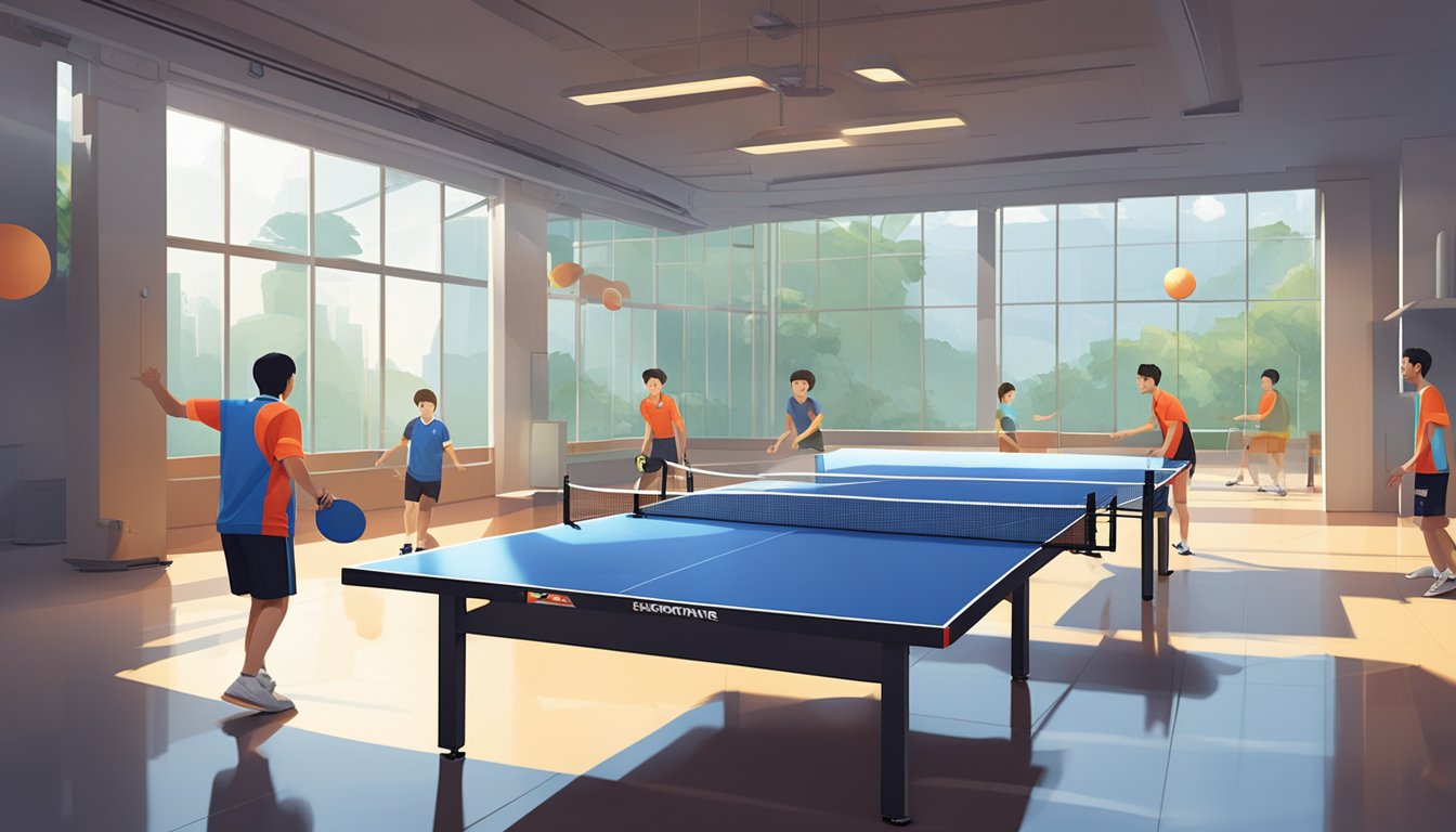 A table tennis table stands in a bright, spacious room in Singapore, surrounded by a few players engaged in a lively match