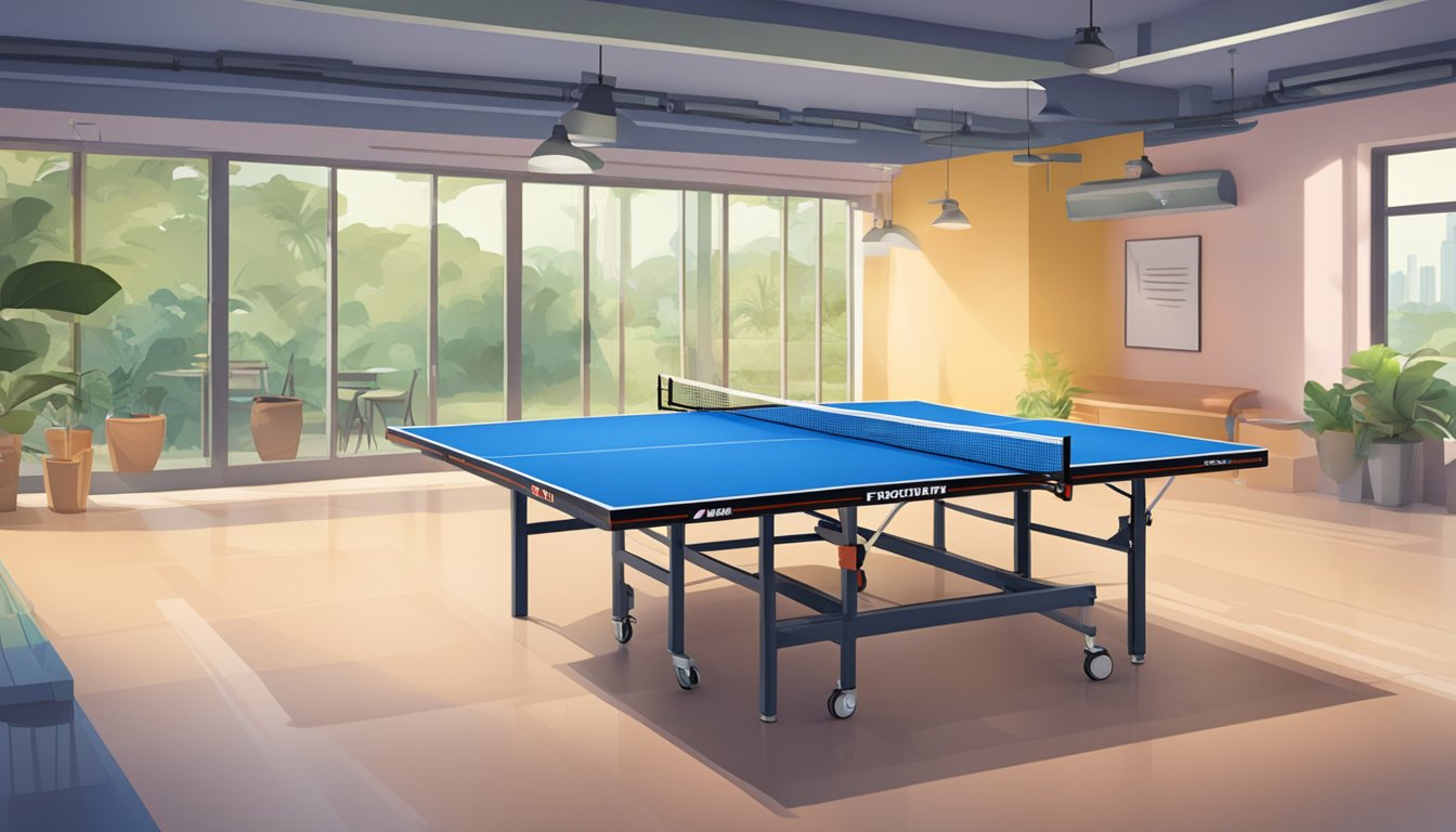 A table tennis table with "Frequently Asked Questions" sign in a Singaporean setting