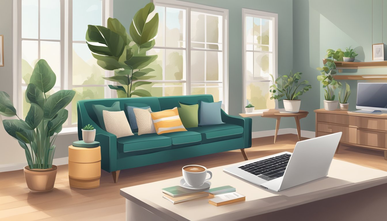 A laptop on a desk, showing a website with various furniture options. A cozy living room with a sofa, coffee table, and plants in the background