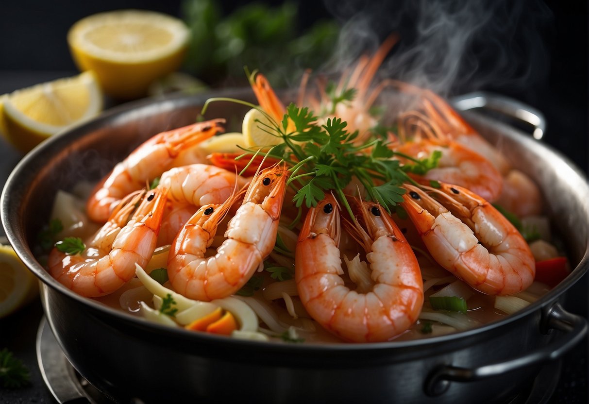 Fresh prawns sizzling in a steamer basket over boiling water, surrounded by aromatics like ginger and garlic, as steam rises and infuses the seafood