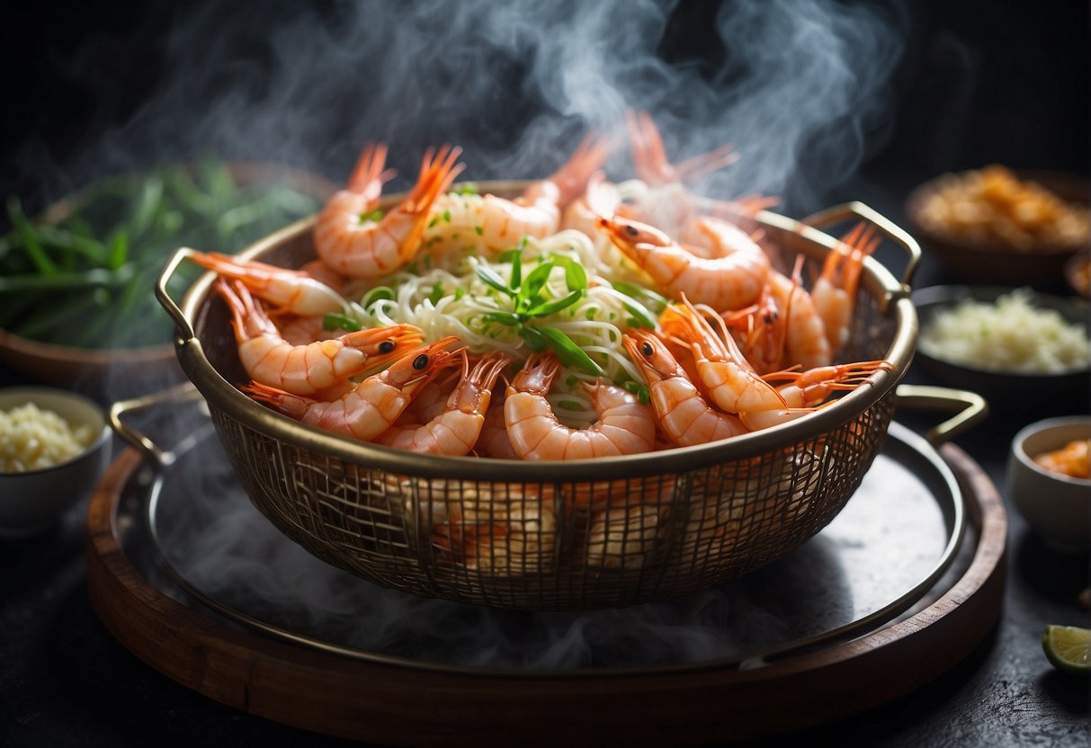 Prawns arranged in a steaming basket, surrounded by ginger, garlic, and scallions. Steam rising from the pot, creating a tantalizing aroma