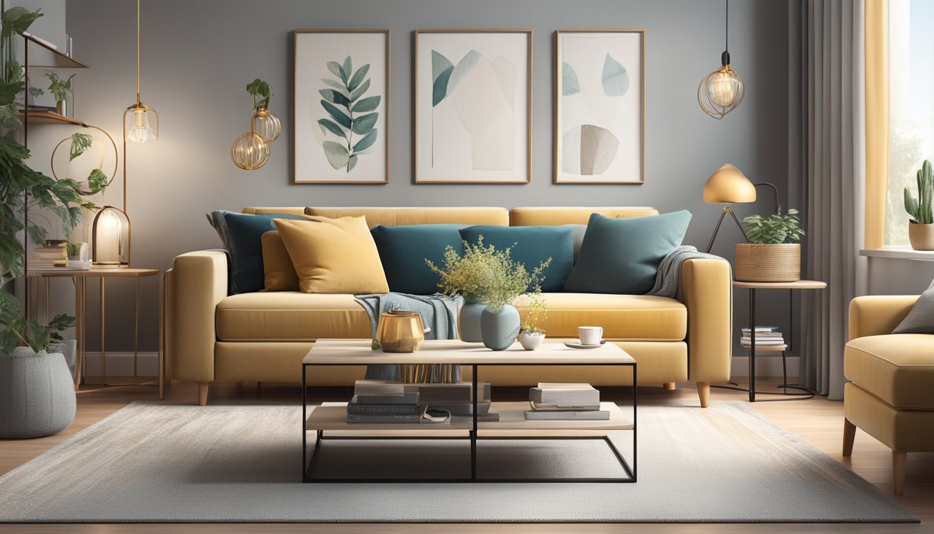 A cozy living room with a stylish sofa and coffee table, surrounded by soft lighting and decorative accents. Online furniture shopping in Singapore
