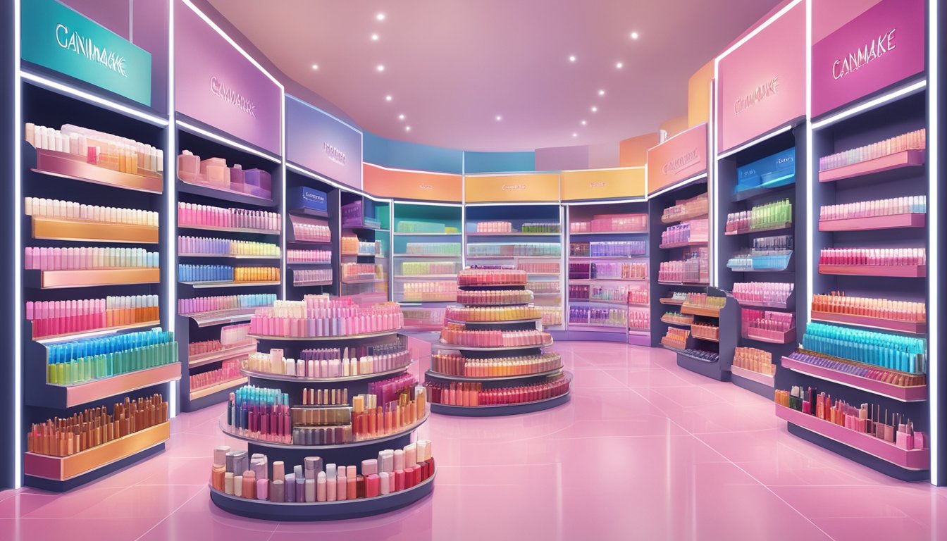 A colorful array of Canmake beauty products arranged on a sleek, modern display. Bright lipsticks, blushes, and eyeshadows catch the light, inviting customers to explore the vibrant range