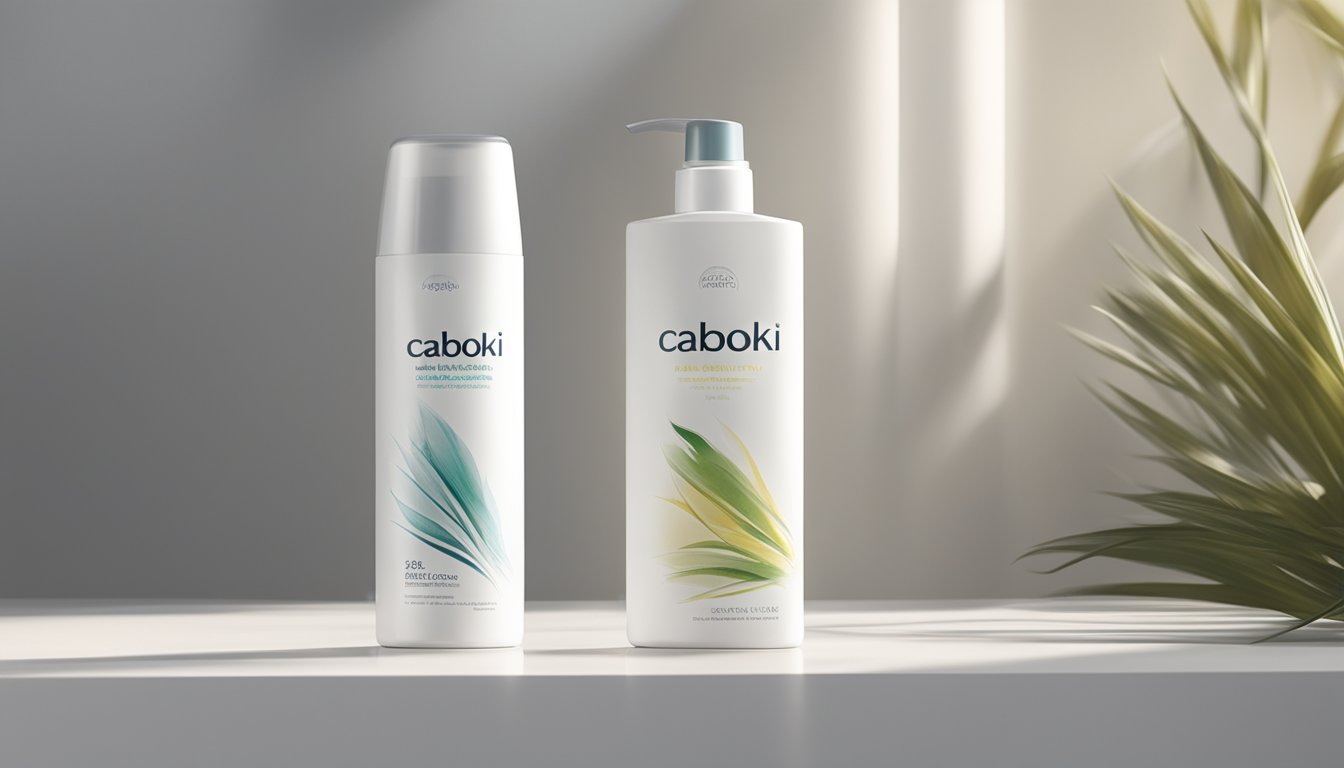 A bottle of Caboki sits on a clean, white countertop. Sunlight streams in, highlighting the product's sleek packaging and promising results for thinning hair