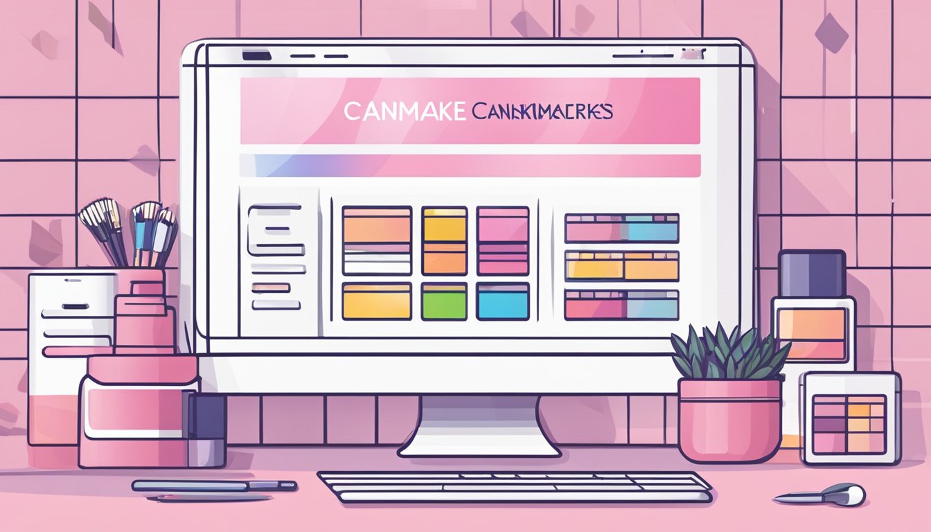 A computer screen displays a website with Canmake cosmetics. A secure payment process and customer reviews ensure authenticity and quality