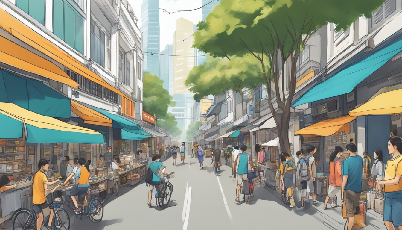 A bustling Singapore street with a prominent Timbuk2 store, surrounded by shops and shoppers