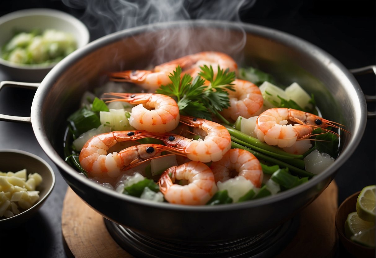 Prawns being steamed in a bamboo steamer over boiling water, with aromatic ingredients like ginger and scallions scattered around