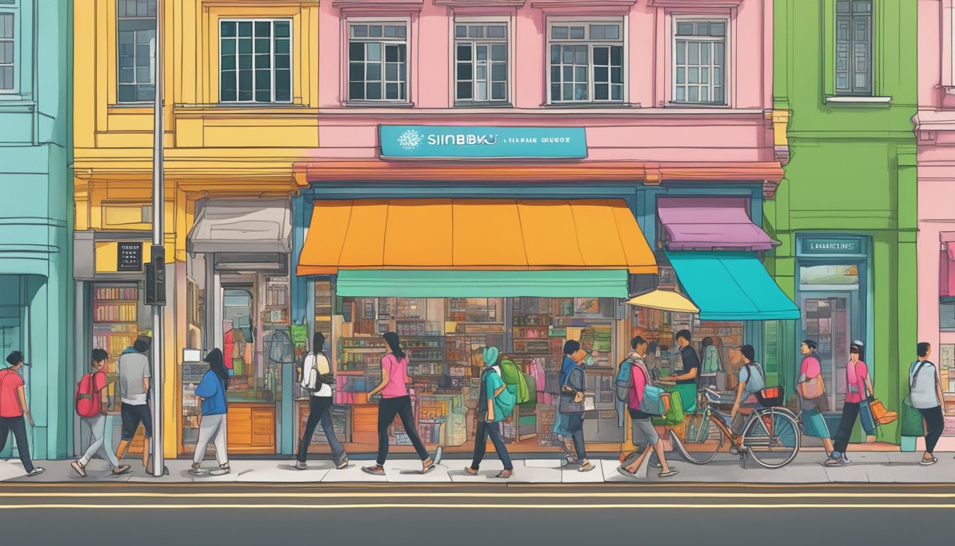 A bustling street in Singapore, with a vibrant Timbuk2 store front. The store sign is bold and colorful, drawing in passersby