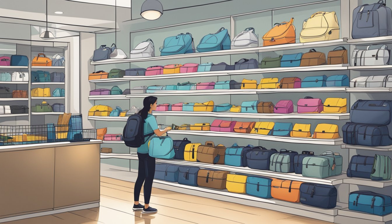 A customer effortlessly selects and purchases a Timbuk2 bag in a modern, well-lit store in Singapore