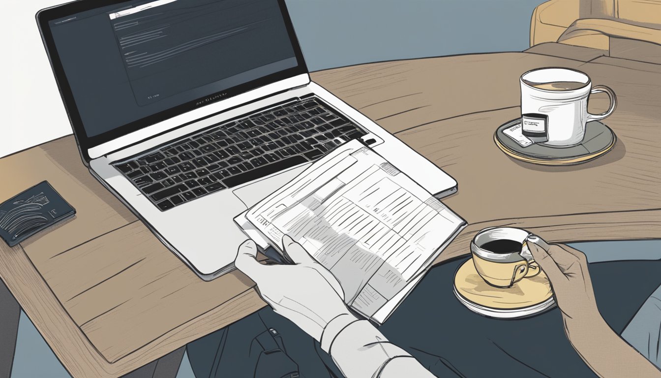 A customer browsing through a list of frequently asked questions about Timbuk2 products, with a laptop and a cup of coffee on the table